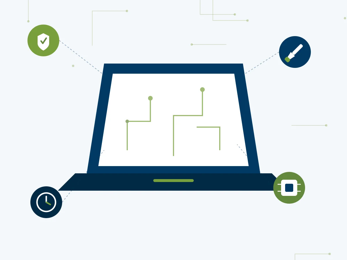 Ilustración de reparación tecnológica Data System: portátil, herramientas y chip electrónico